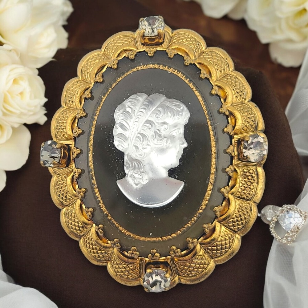 W. Germany Brooch Cameo Pin Gold Tone Black Filigree Vintage Clear Rhinestones